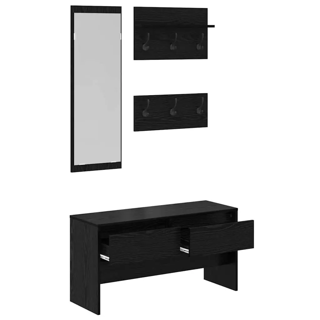 Hallway Furniture Set Entryway 4 Piece Storage Bench Mirror Coat Racks Black Oak