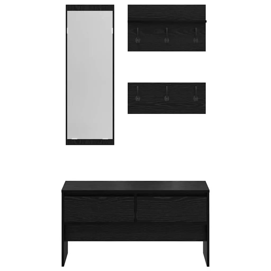 Hallway Furniture Set Entryway 4 Piece Storage Bench Mirror Coat Racks Black Oak