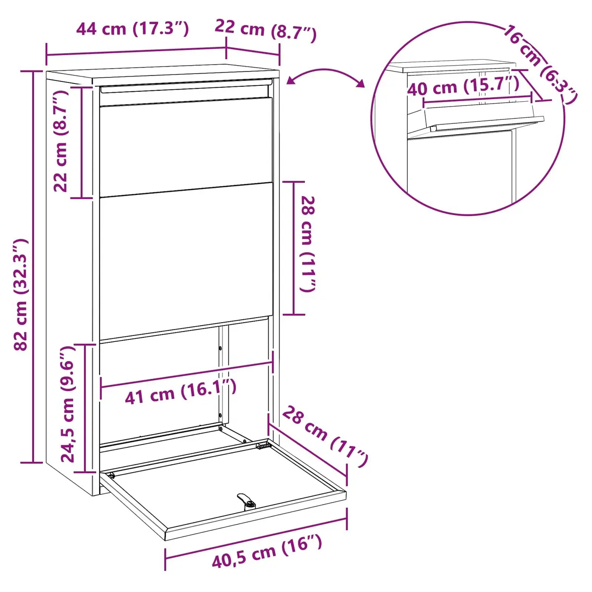 Parcel Drop Box Steel Storage for Garden 44x22x82cm