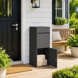Parcel Drop Box with Storage Hinge Door Deadbolt Lock Black Steel Outdoor