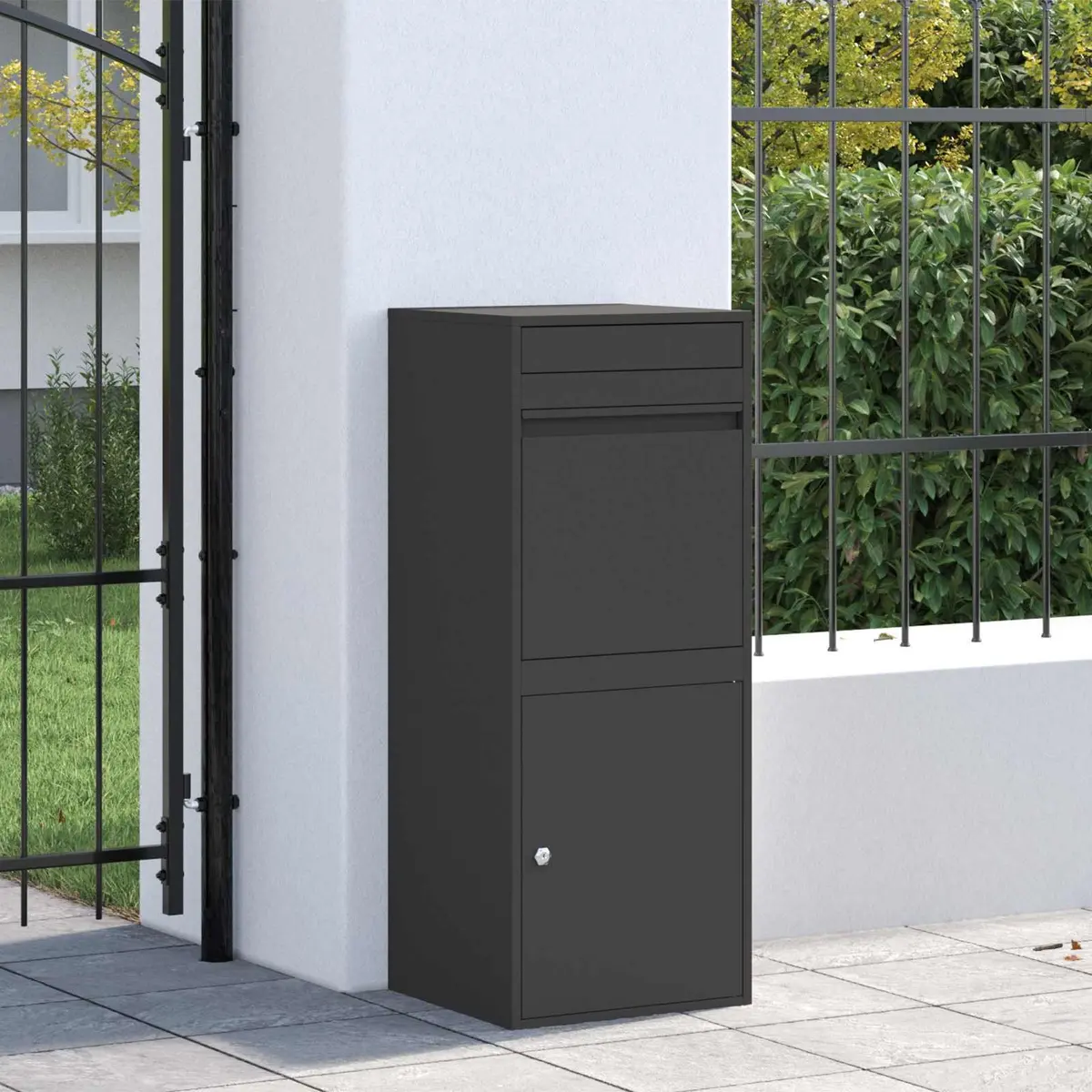 Parcel Drop Box with Storage Hinge Door Deadbolt Lock Black Steel Outdoor