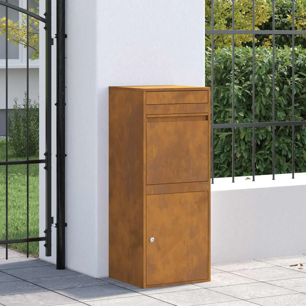 Outdoor Parcel Drop Box Brown Steel Garden Size 47.5 x 38 x 59 cm