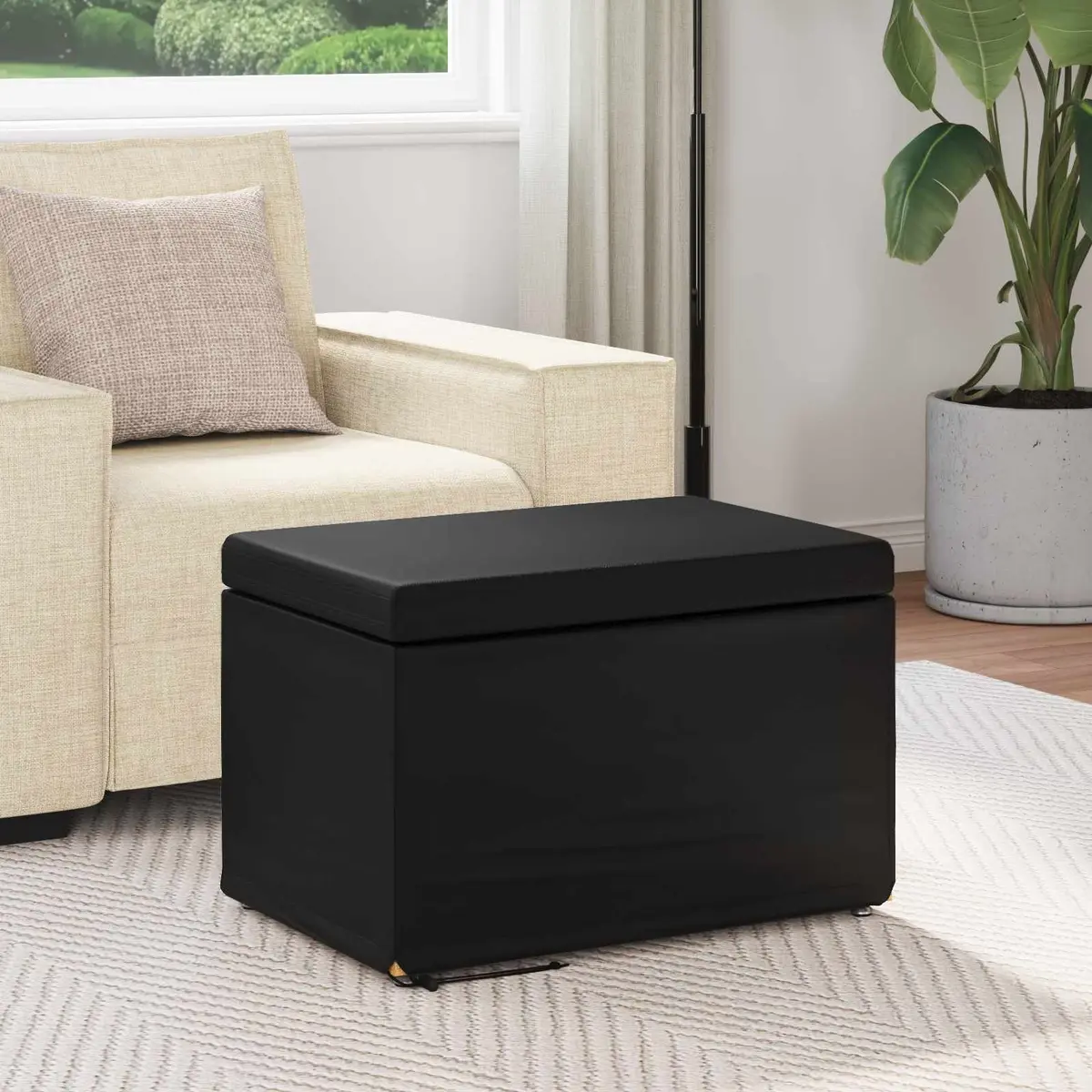 Backless Bar Stool Kitchen Dining Seat Black Faux Leather Cushion