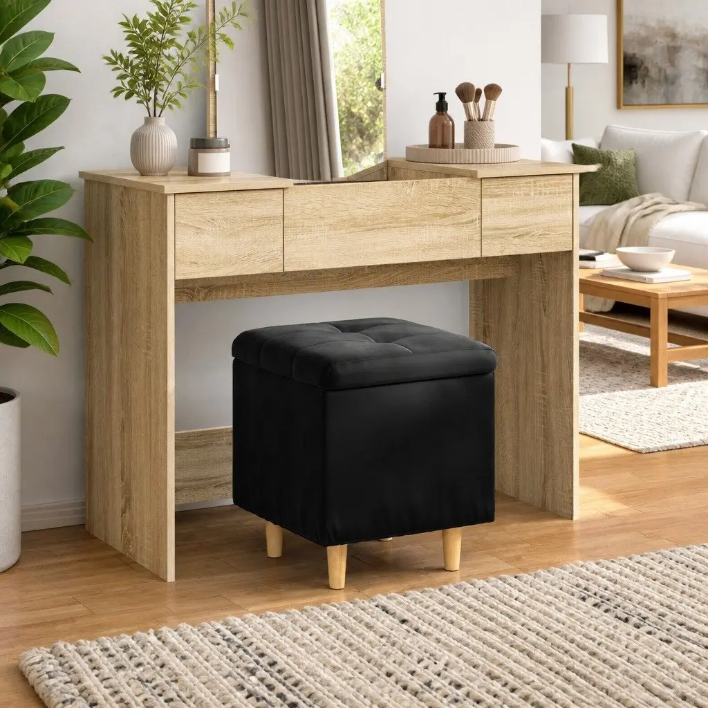 Storage Ottoman Living Room Bedroom Entryway Black Tufted Cushion 40 x 40 x 45 cm