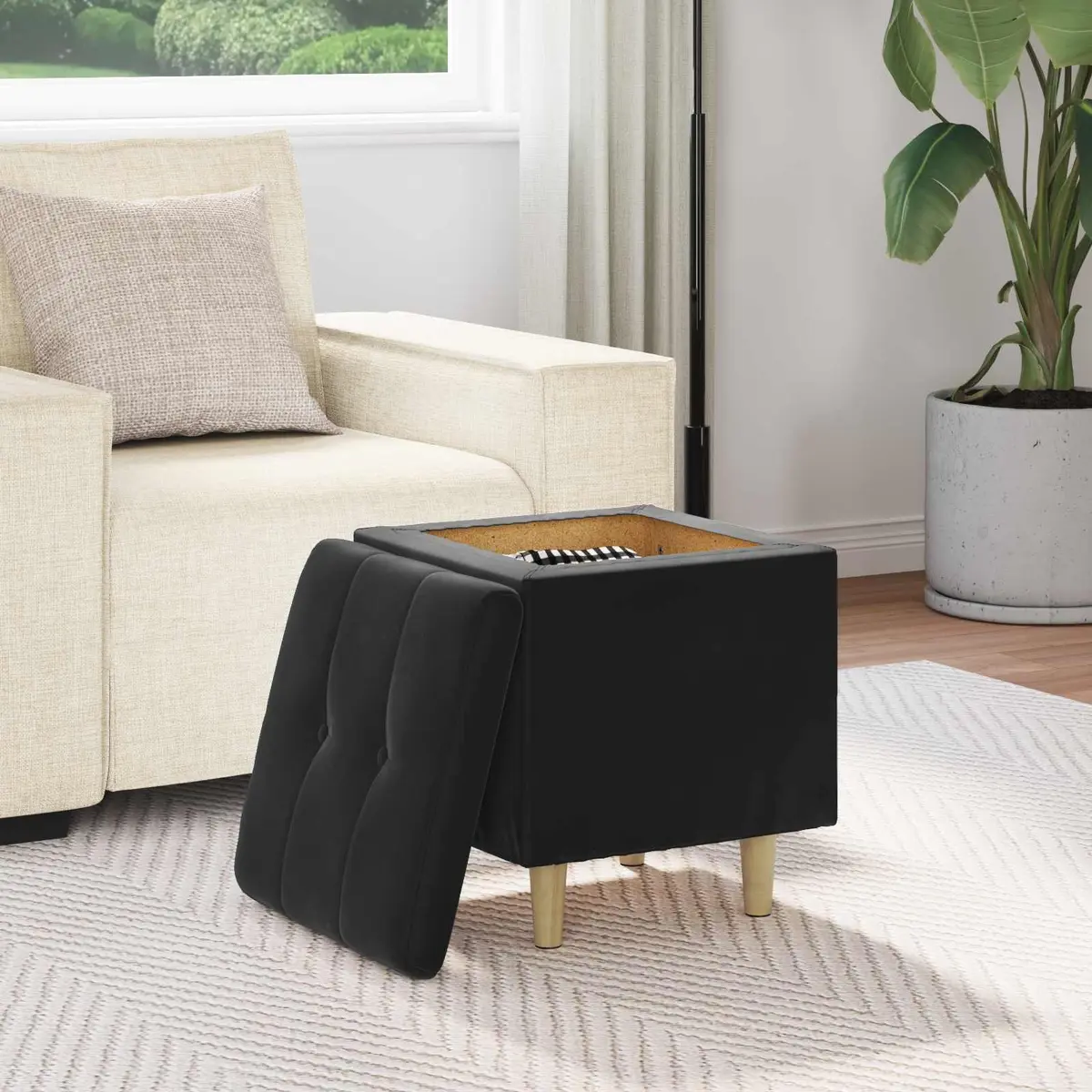 Storage Ottoman Living Room Bedroom Entryway Black Tufted Cushion 40 x 40 x 45 cm