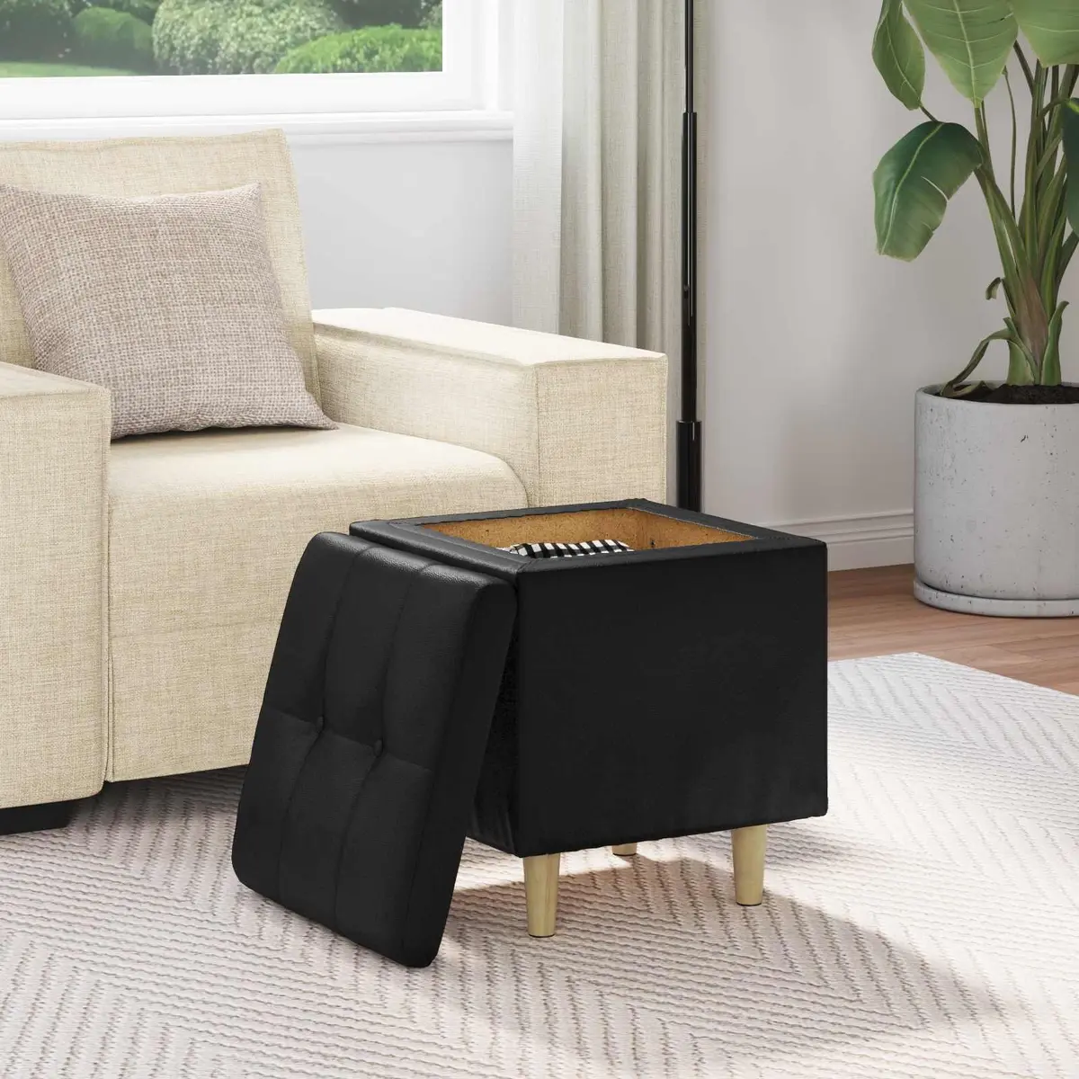 Storage Ottoman with Cushion Black Tufted Design Hidden Storage Footrest Seat