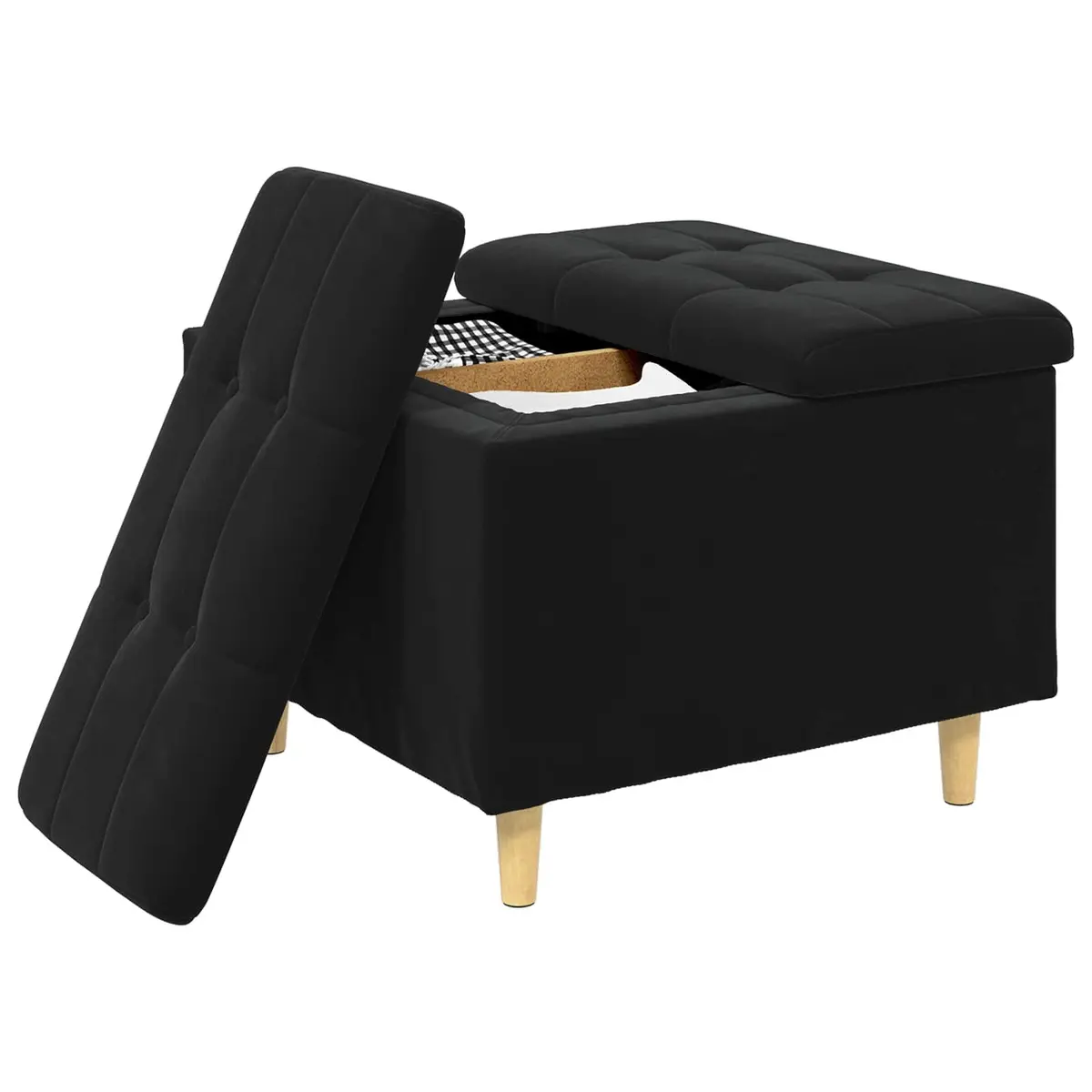 Storage Ottoman with Cushion Tufted Black Velvet Seat Furniture Hidden