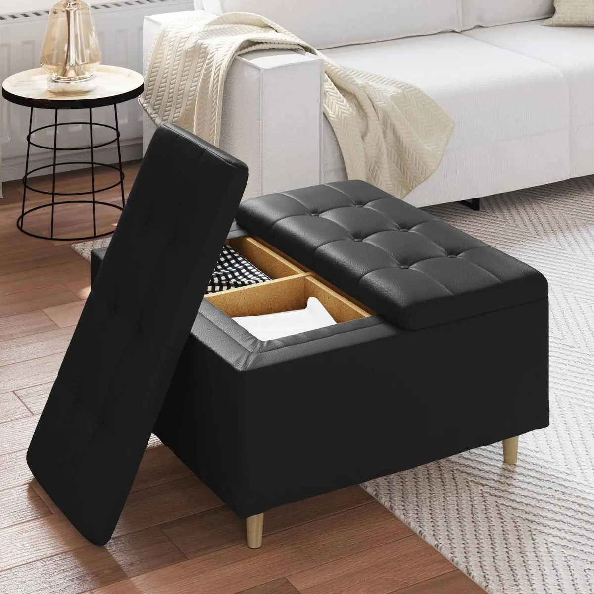 Storage Ottoman with Cushion Black Tufted Design Hidden Compartment Footrest