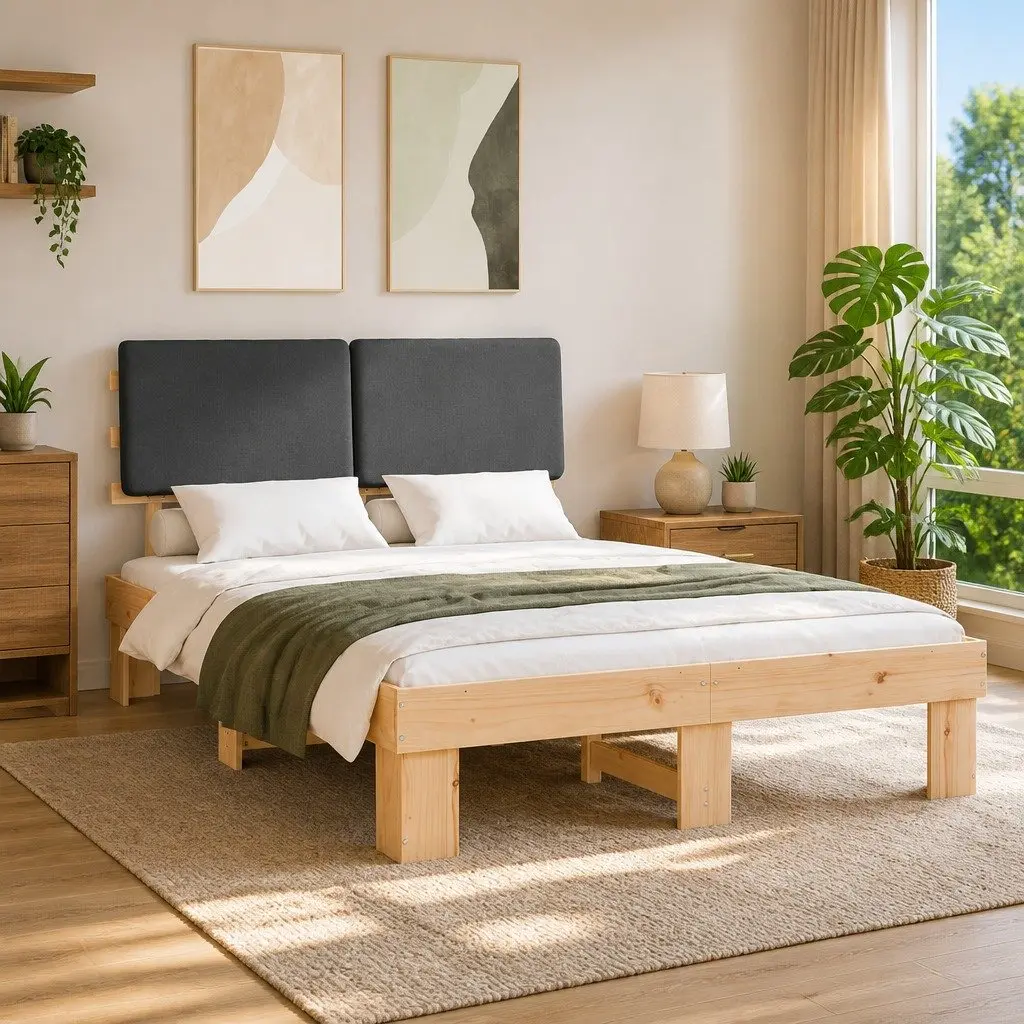 Bed Frame for Bedroom 150 x 200 cm Grey Upholstered Headboard Modern Furniture