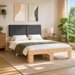 Grey Bed Frame 150 x 200 cm with Upholstered Headboard and Pine Wood