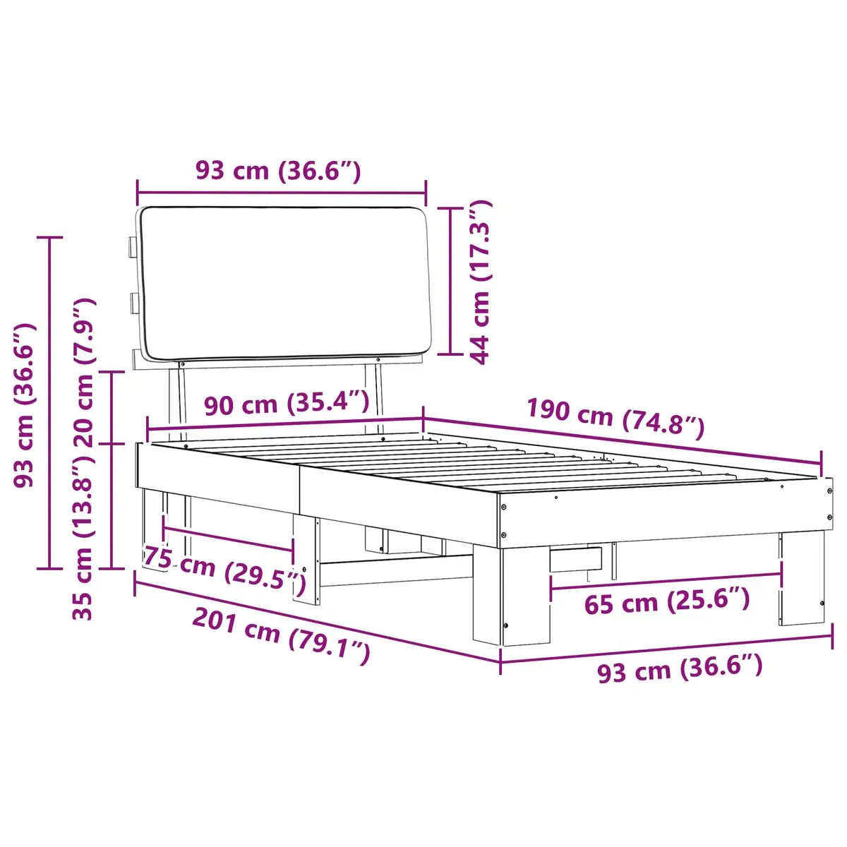 Grey Upholstered Bed Frame with Headboard 90 x 190 cm Modern Bedroom Furniture