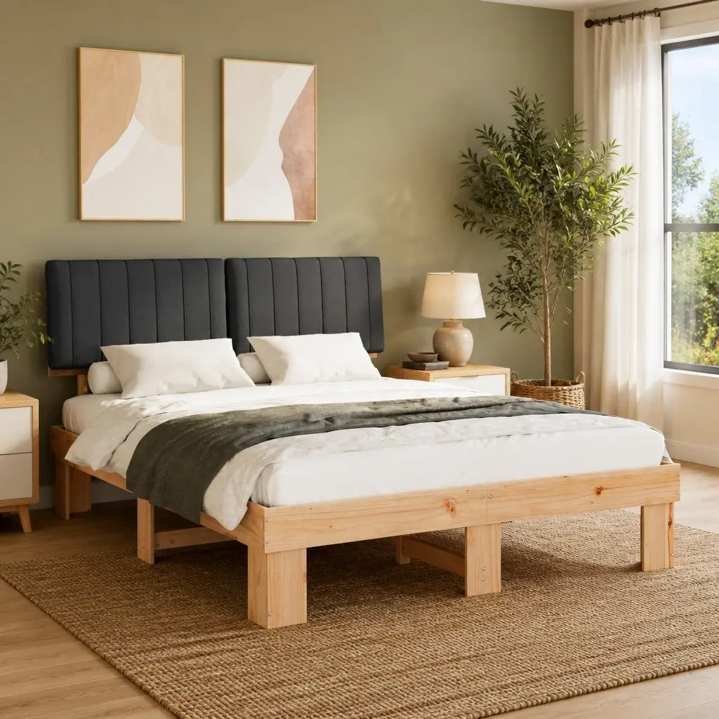 Bed Frame with Upholstered Headboard Grey 150 x 200 cm Wooden Modern Bedroom