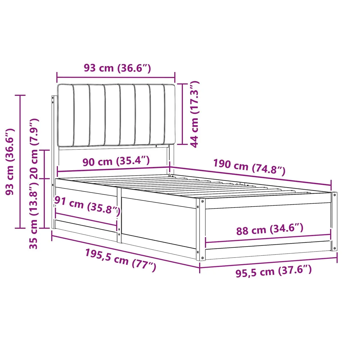Bed Frame with Upholstered Headboard for Bedroom 90 x 190 cm