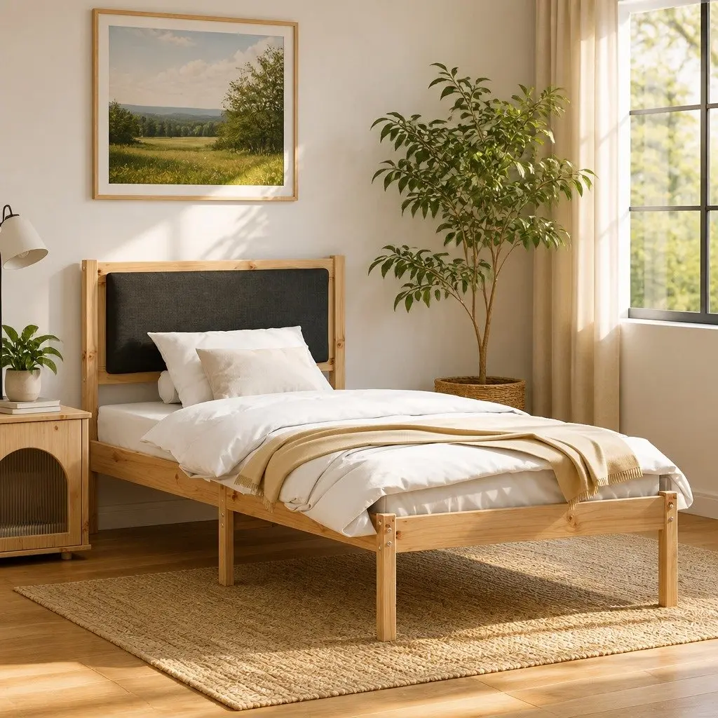 90 x 190 cm Bed Frame with Polyester Headboard in Grey