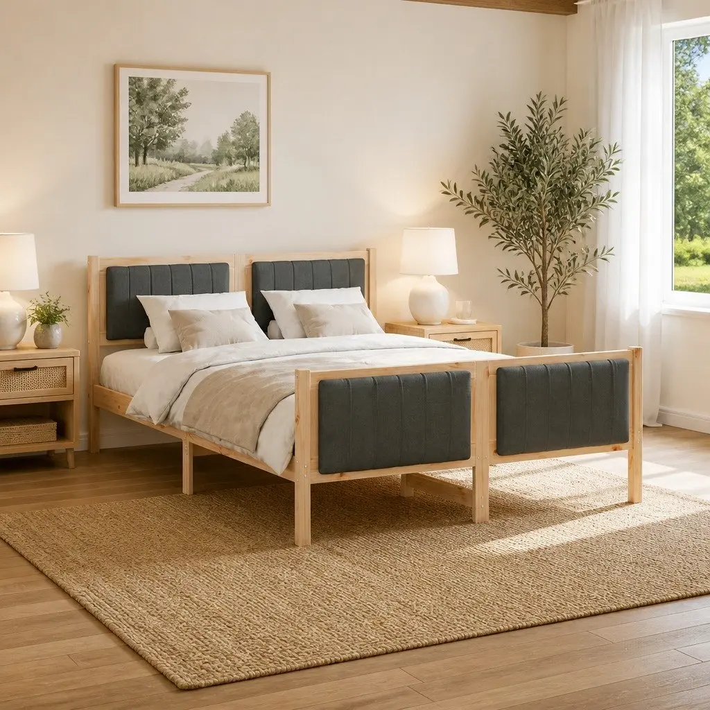 Platform Bed Frame for Bedroom 135 x 190 cm Solid Pine Wood Brown Dark Grey
