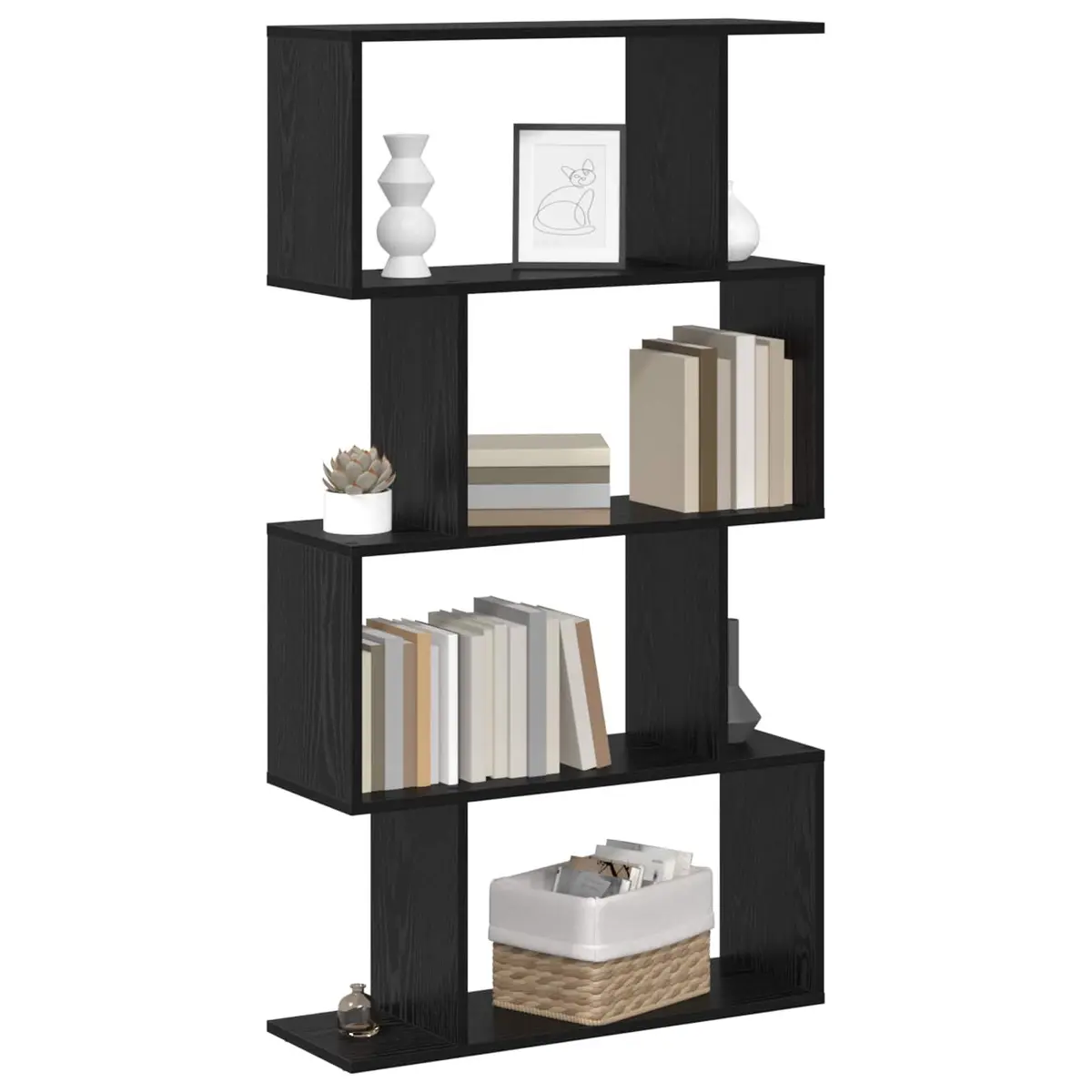 Book Cabinet Black Oak Storage Shelves Modern Engineered Wood Freestanding Unit 70 x 24 x 129 cm
