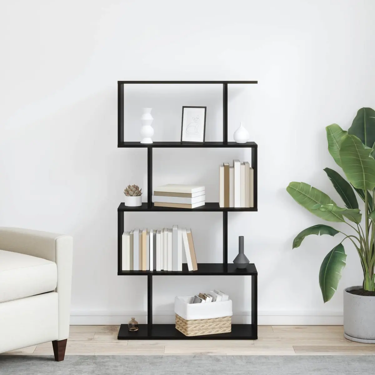 Book Cabinet Black Oak Storage Shelves Modern Engineered Wood Freestanding Unit 70 x 24 x 129 cm