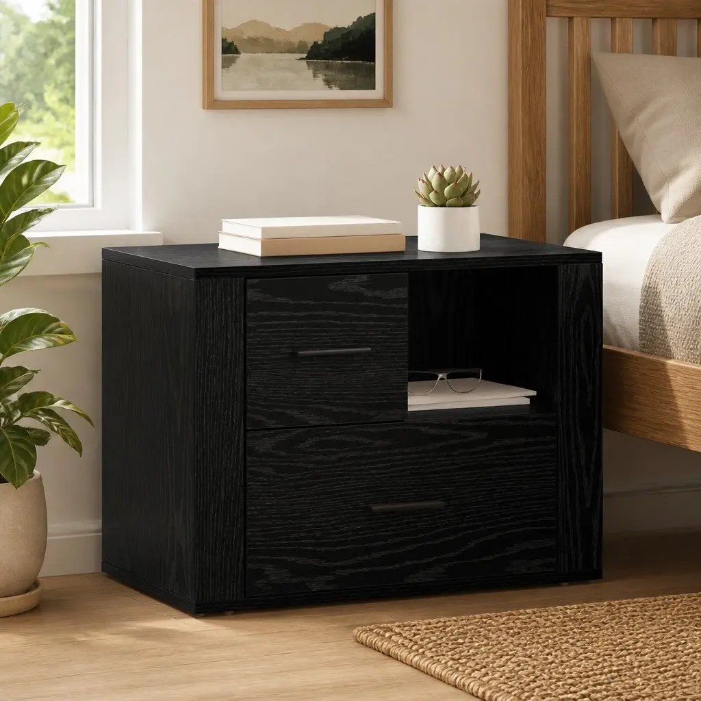 Bedside Cabinet Black Oak Engineered Wood Bedroom Storage 35 x 60 x 50 cm