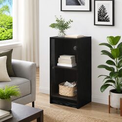Black Sideboard with Glass Doors Modern Storage Cabinet Engineered Wood Buffet