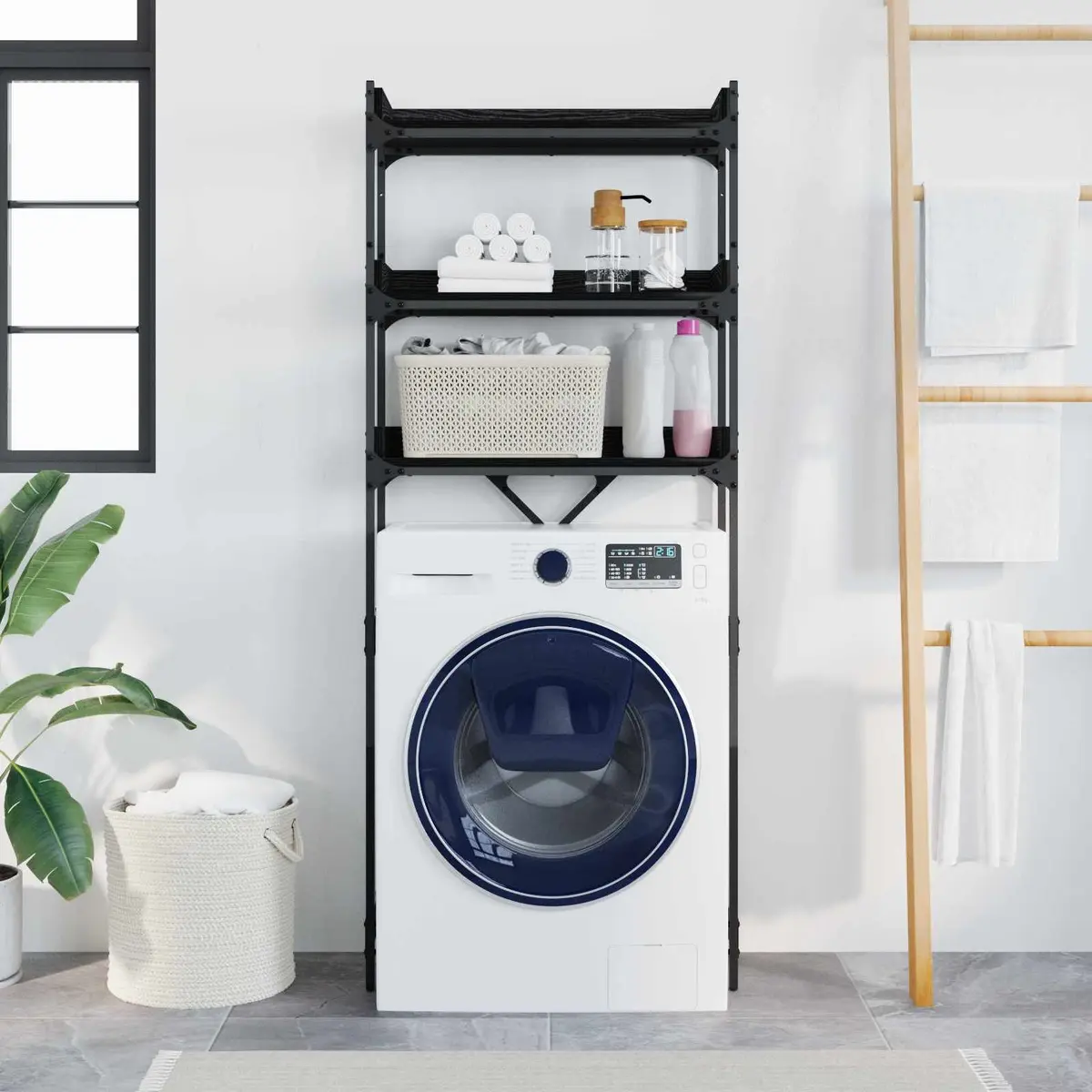 Laundry Room Storage Unit Black Modern Shelf Organizer 67x25x163cm