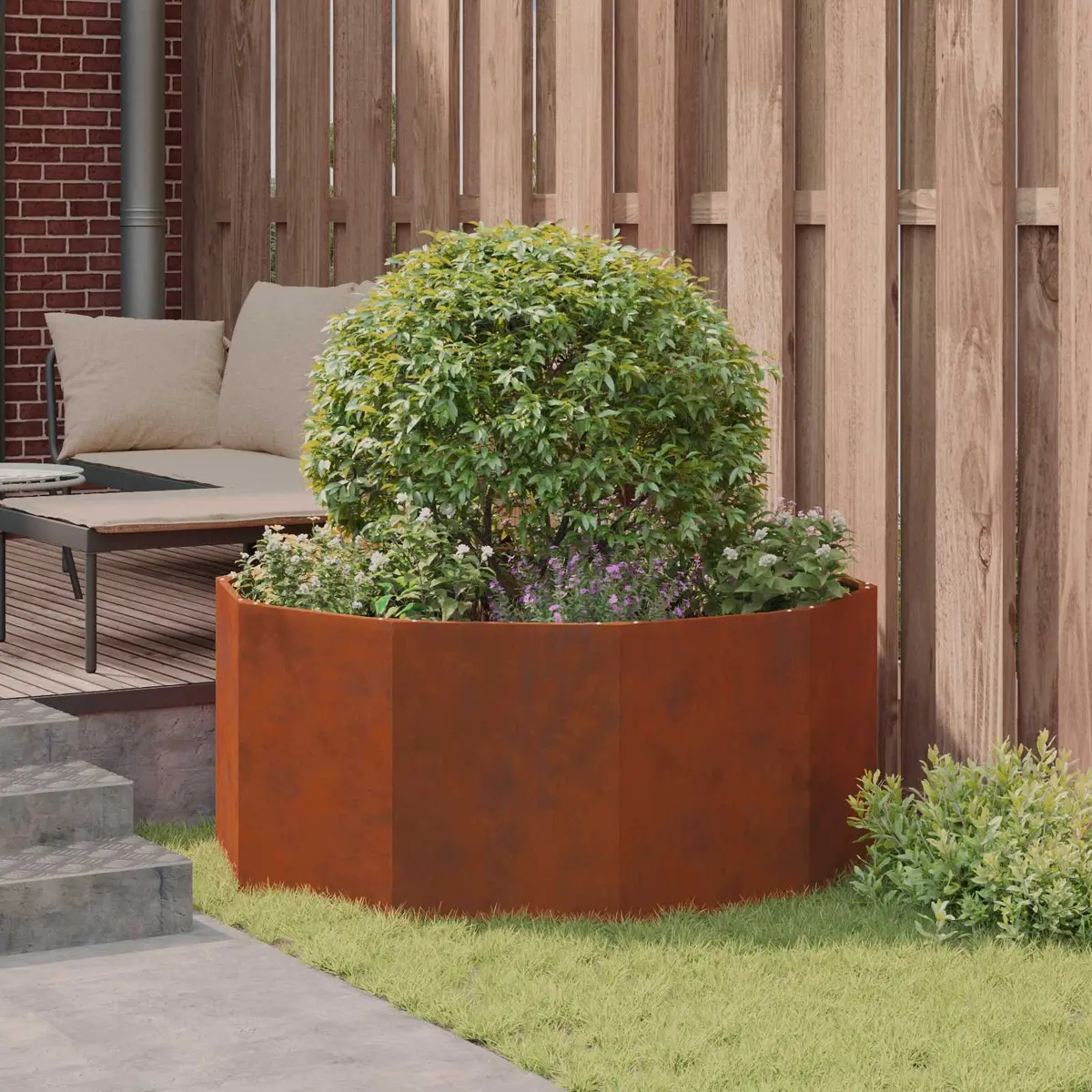 Round Garden Planter Outdoor Patio 120cm Steel Brown
