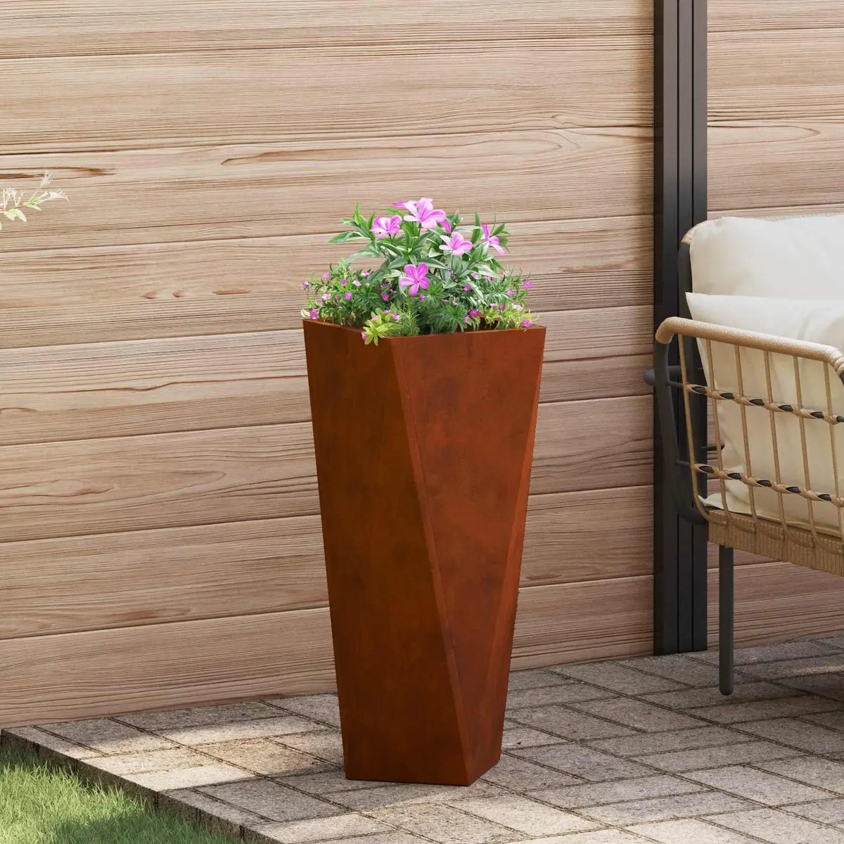Garden Planter Outdoor Use Set of 2 Large Rusty Steel 30x30x75cm
