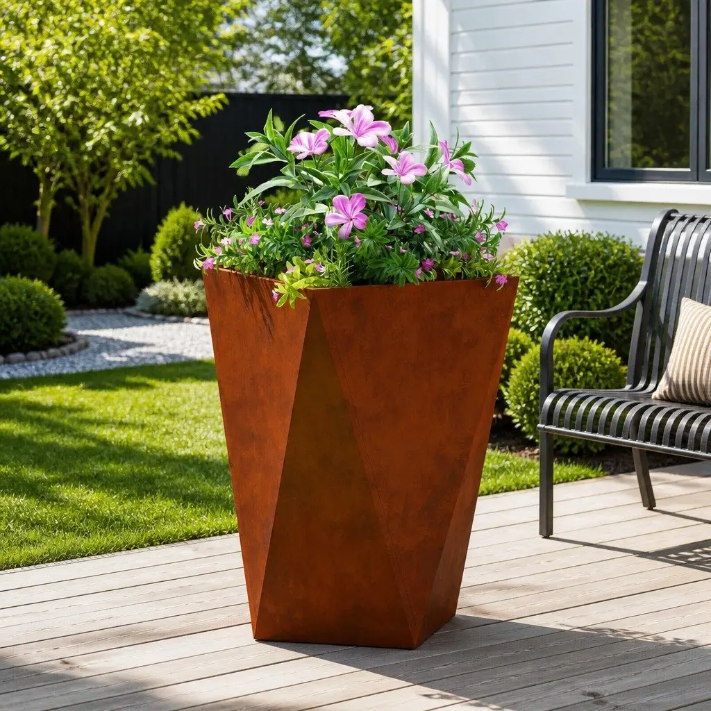 Garden Planter Box Outdoor Steel Corrugated Tall Rectangular Pot 50 x 50 x 75 cm