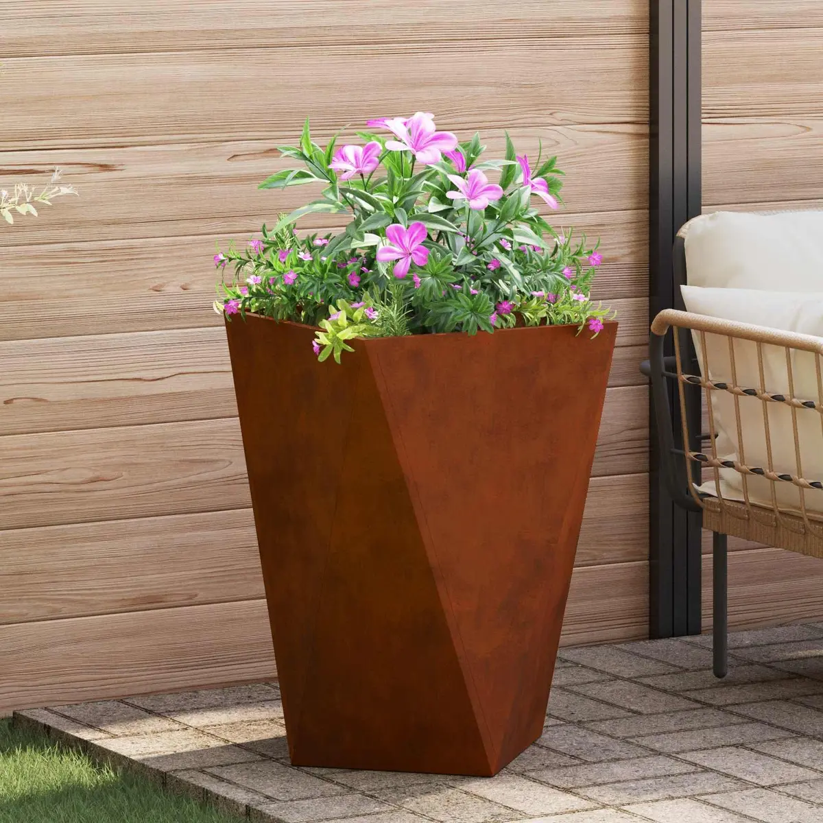 Garden Planter Outdoor Steel 2 Piece Rectangular Pot Box with Corrugated Sides for Terrace Decoration