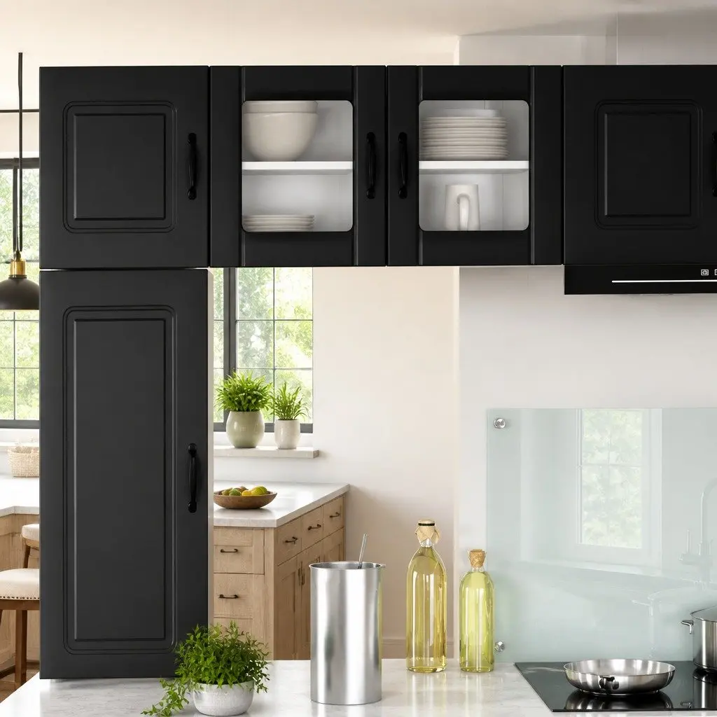 Wall-Mounted Black Glass Cabinet for Kitchen Use