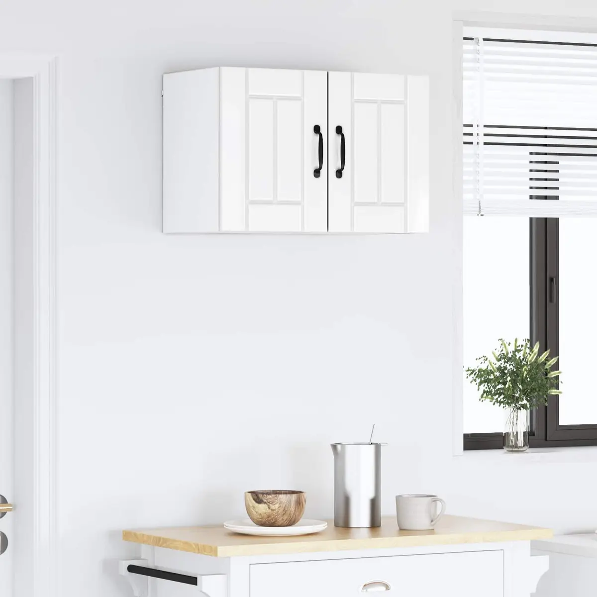 Wall Cabinet High Gloss White Kitchen Storage 2-Piece Set Engineered Wood Modern