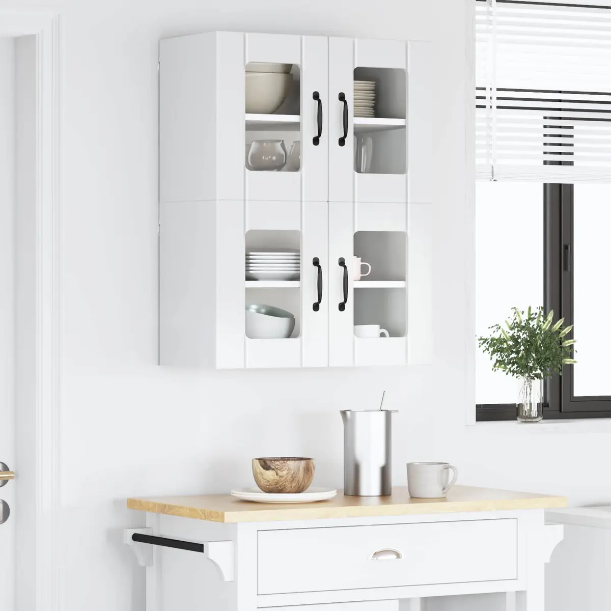 High Gloss White Wall-Mounted Glass Cabinets for Kitchen Storage 2 Pieces