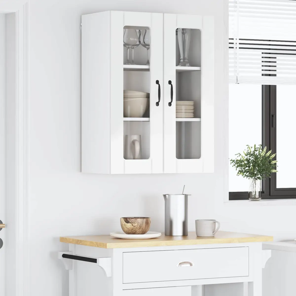 Wall Glass Cabinet Kitchen Storage Unit High Gloss White 60x31x80cm