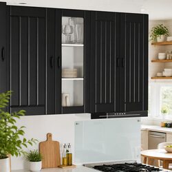 Wall Glass Cabinet Black Kitchen Storage Engineered Wood Rectangular Modern