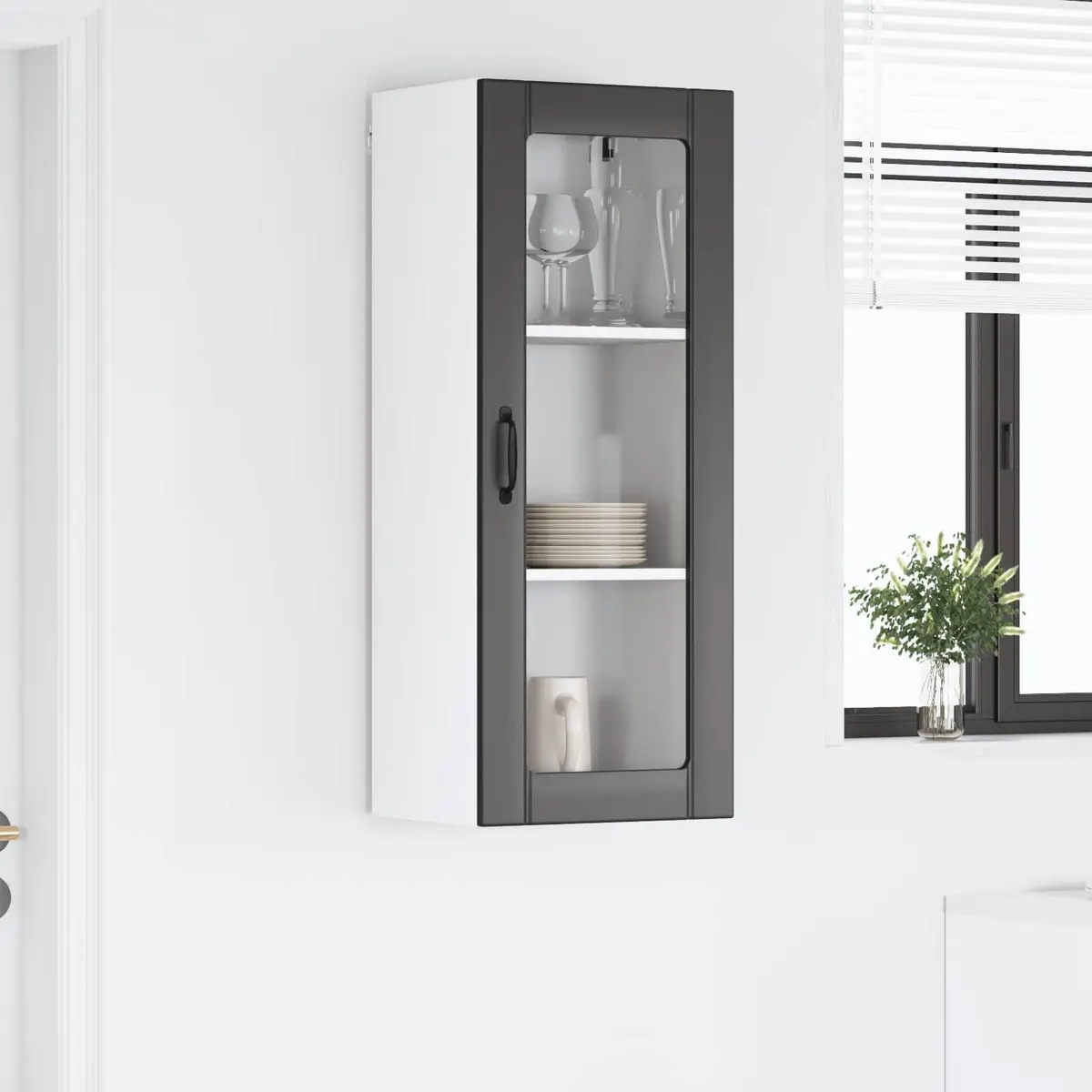 Wall Glass Cabinet for Kitchen Storage Black Engineered Wood Rectangular
