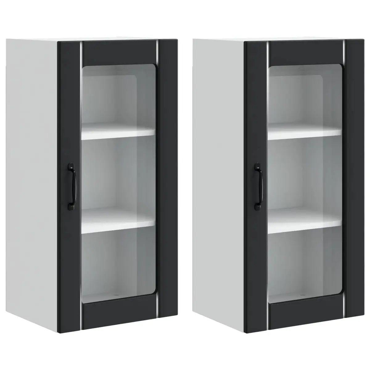 Wall Glass Cabinet Kitchen Storage Cupboard Wall Mounted Black 2 Piece