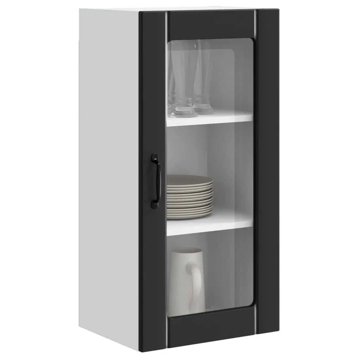 Wall Glass Cabinet Kitchen Storage Cupboard Wall Mounted Black 2 Piece