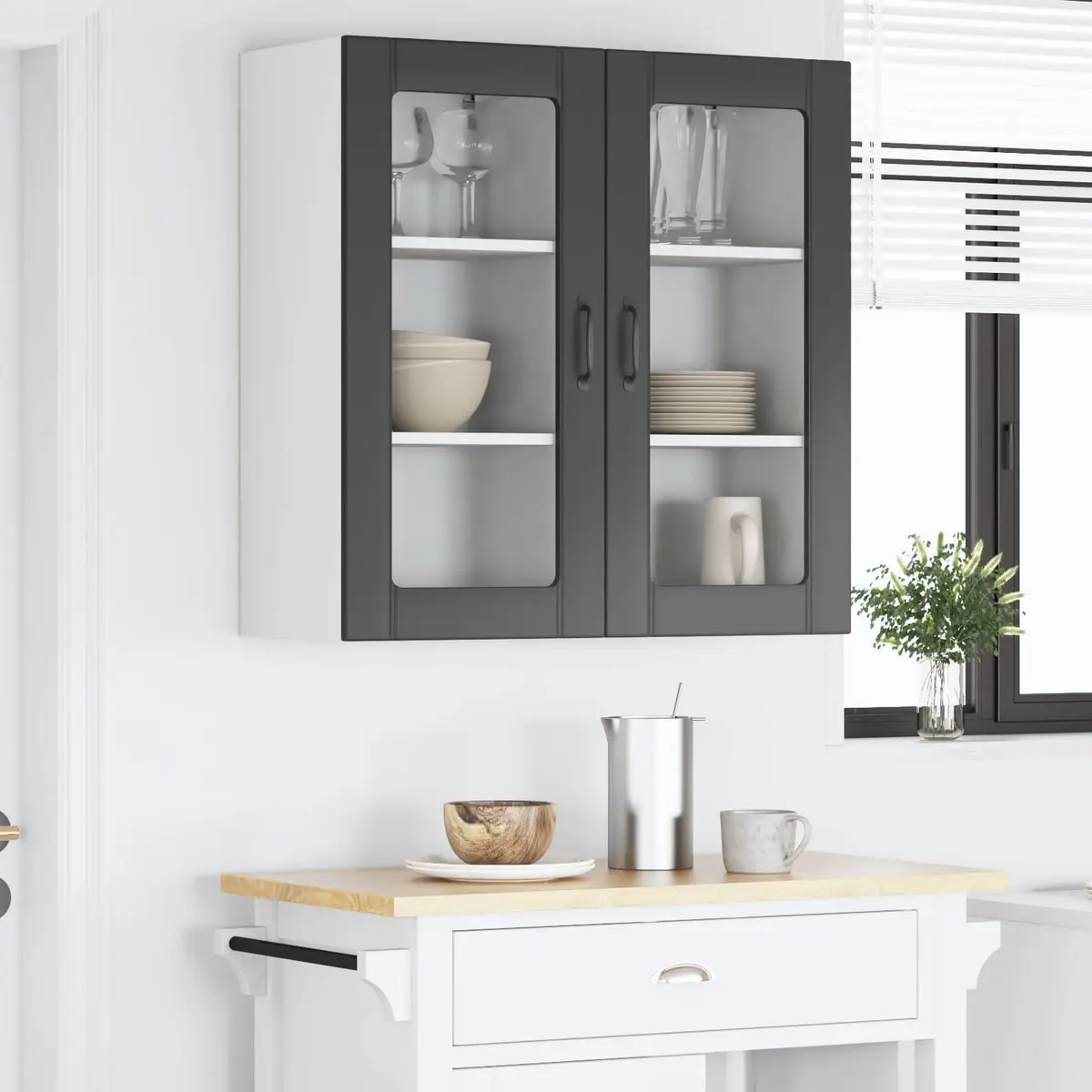 Wall Glass Cabinet Kitchen Storage Cupboard Wall Mounted Black 2 Piece