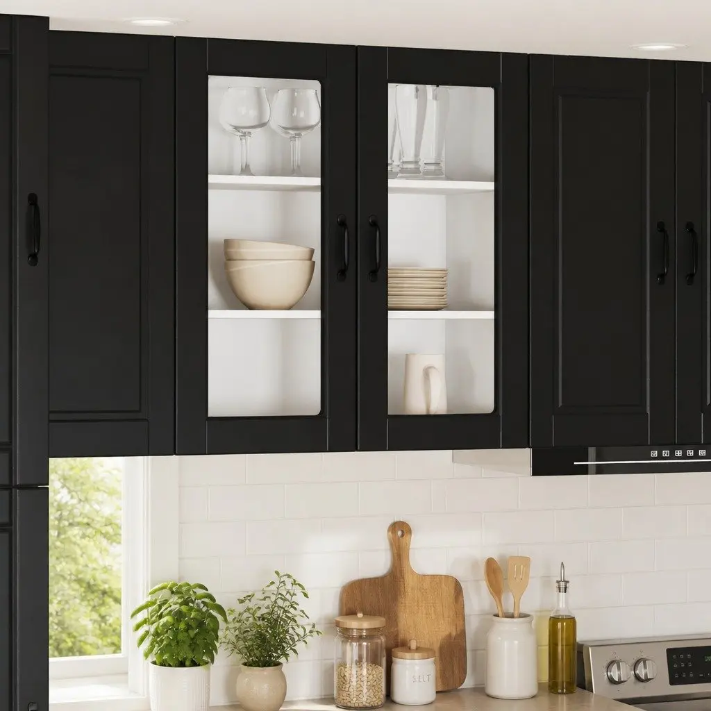 Wall Glass Cabinet Kitchen Storage Black 80x31x80cm