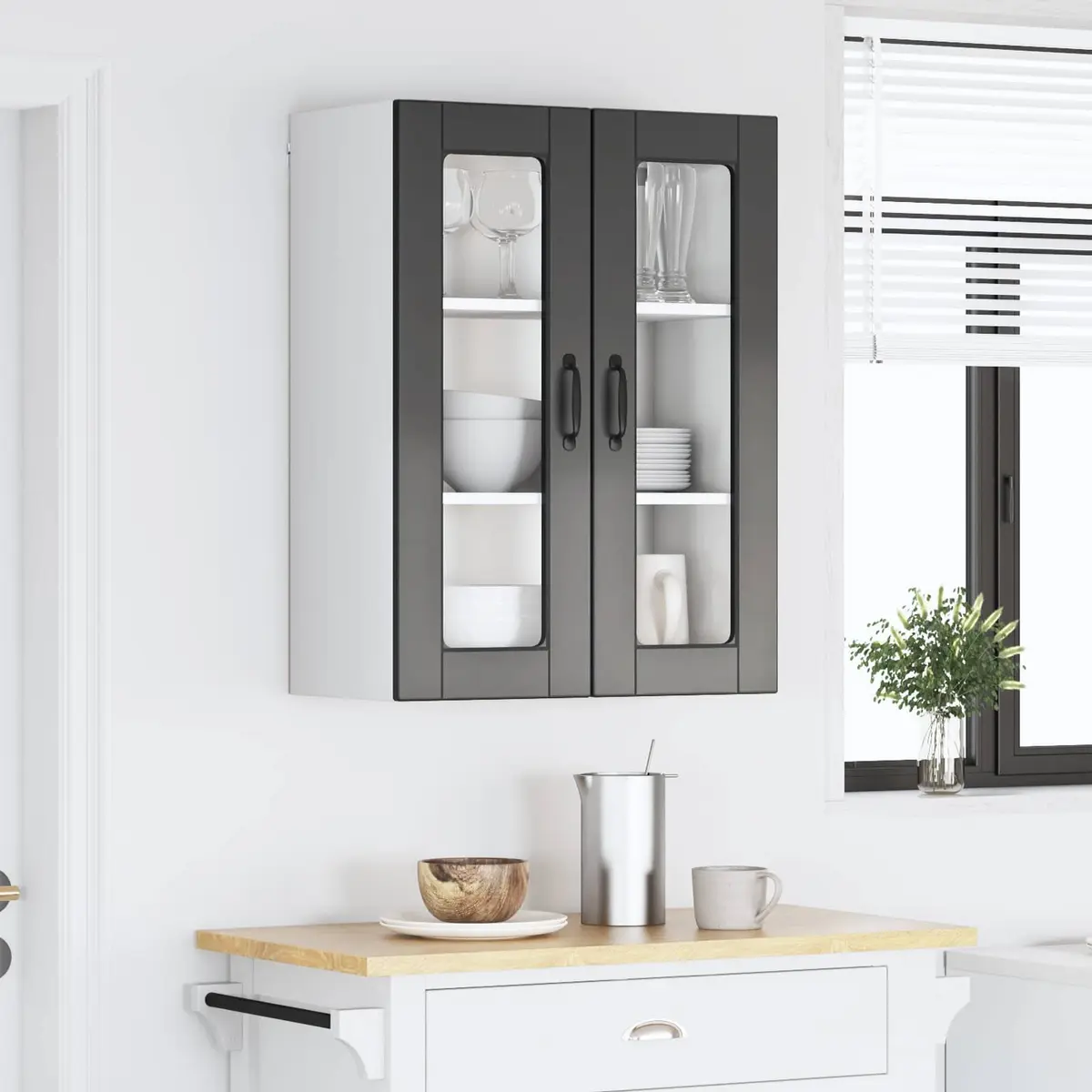 Wall Glass Cabinet Kitchen Storage Black 60x31x80cm Engineered Wood