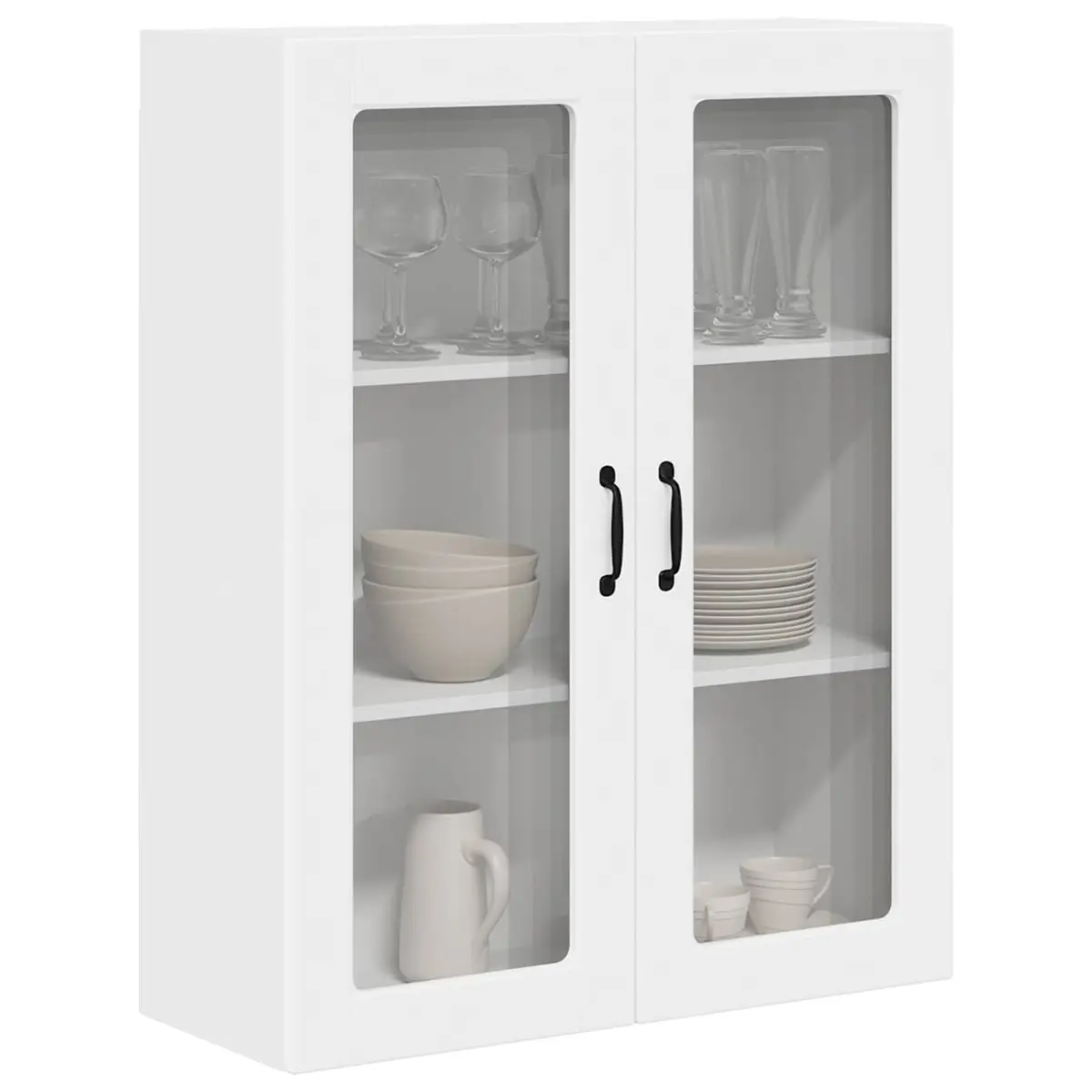 Wall Mounted Glass Kitchen Cabinet White Storage Shelves Engineered Wood