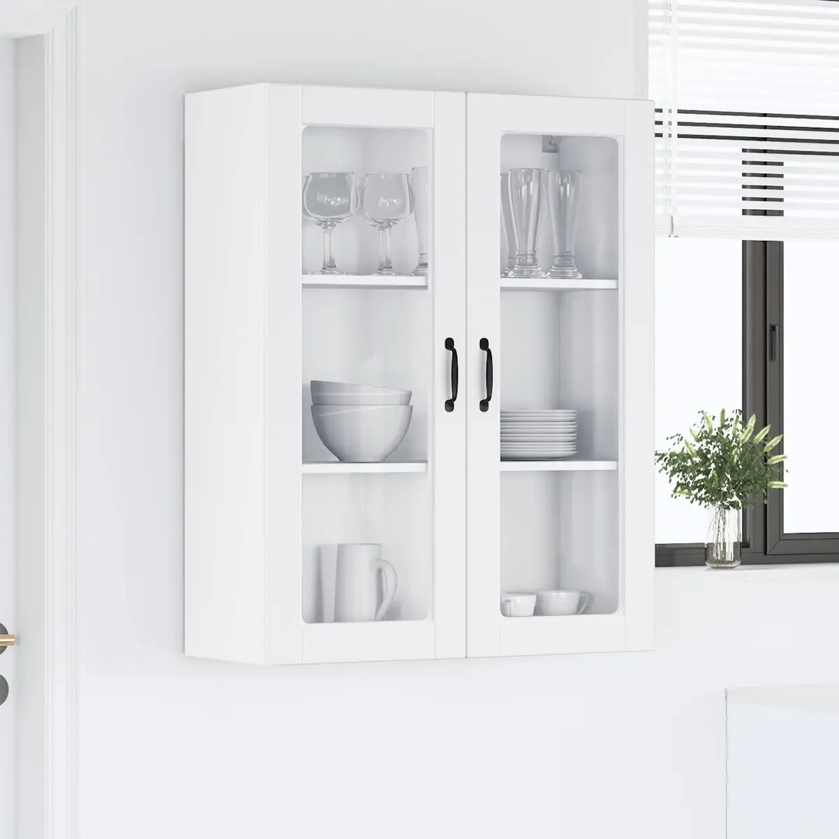 Wall Mounted Glass Kitchen Cabinet White Storage Shelves Engineered Wood