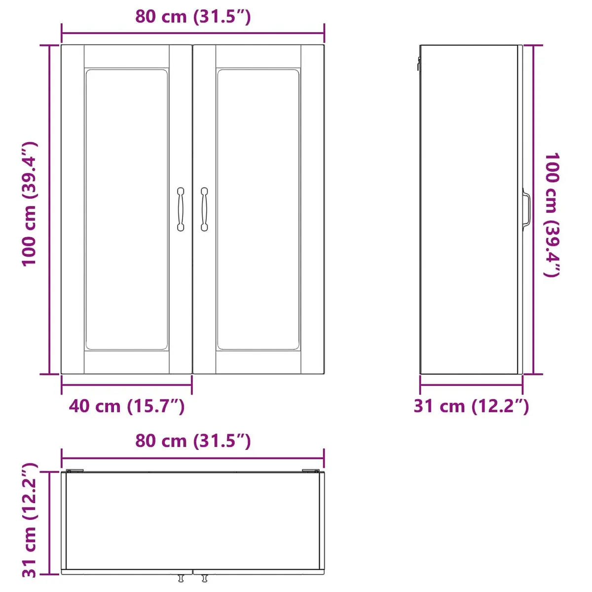 High Gloss White Wall Mounted Cabinet Modern Kitchen Storage Shelves 80x31x100cm