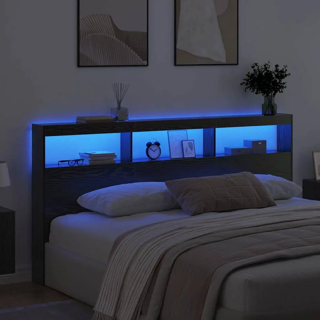 Black Engineered Wood Headboard 200cm Modern Bedroom Furniture LED Light USB