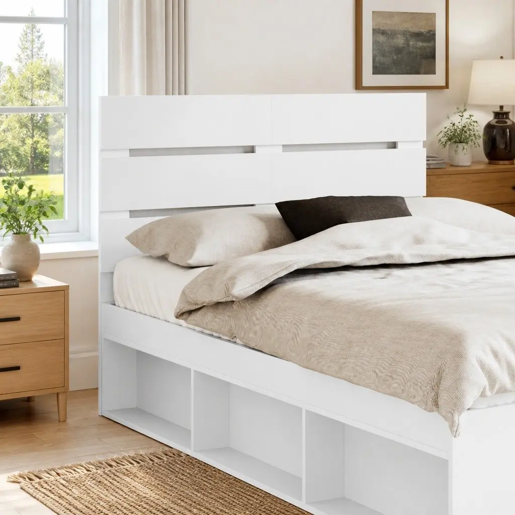 White Engineered Wood Headboard Modern Minimalist Bedroom Rectangular Sleek