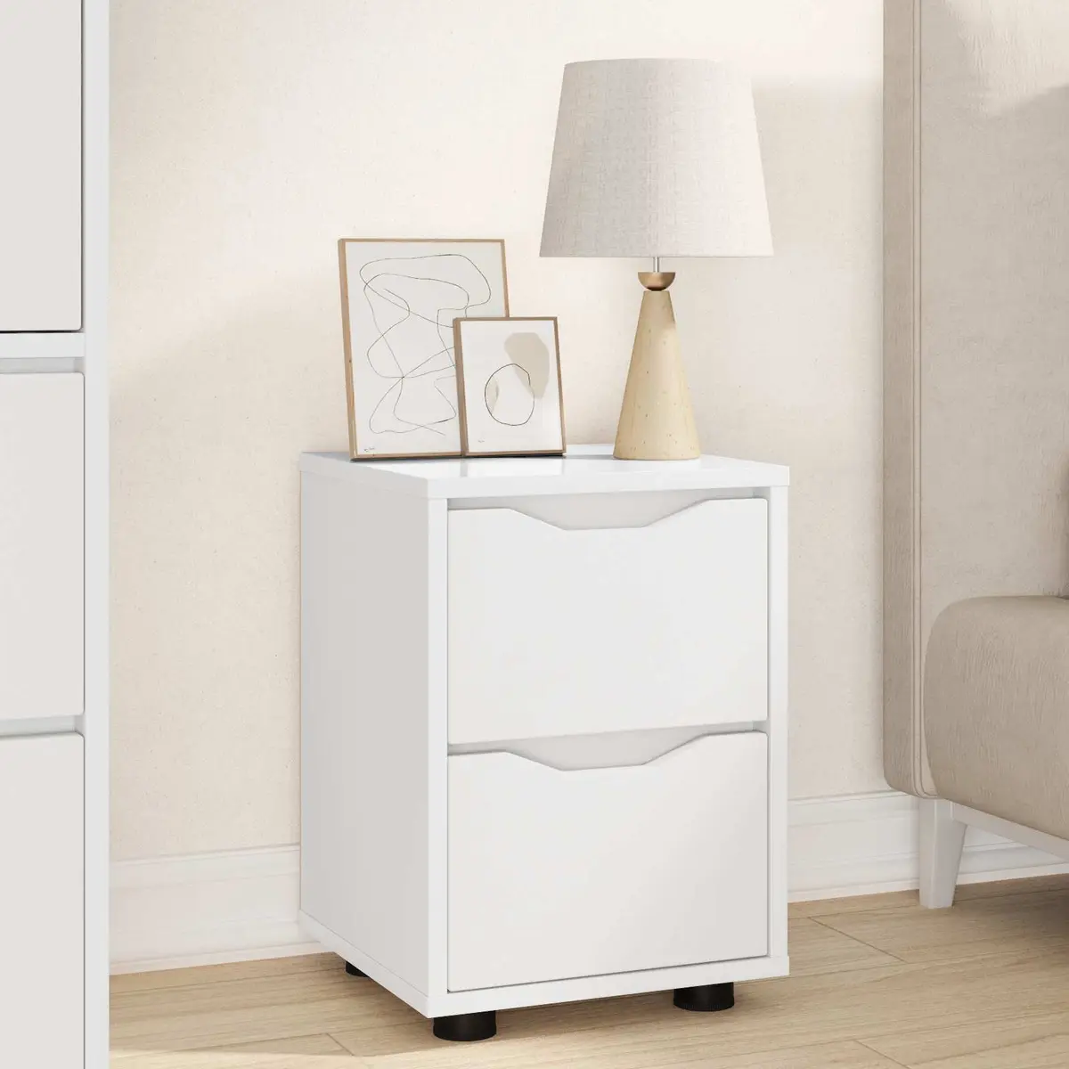 Bedside Table Modern White Engineered Wood Nightstand Bedroom Storage Drawer 30.5 W x 30 D x 43 H cm 2 Piece