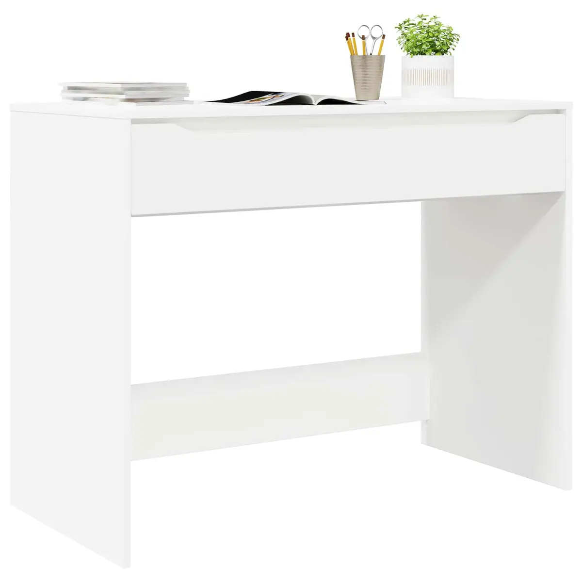 White Engineered Wood Desk with Drawer Rectangular Office Study Computer