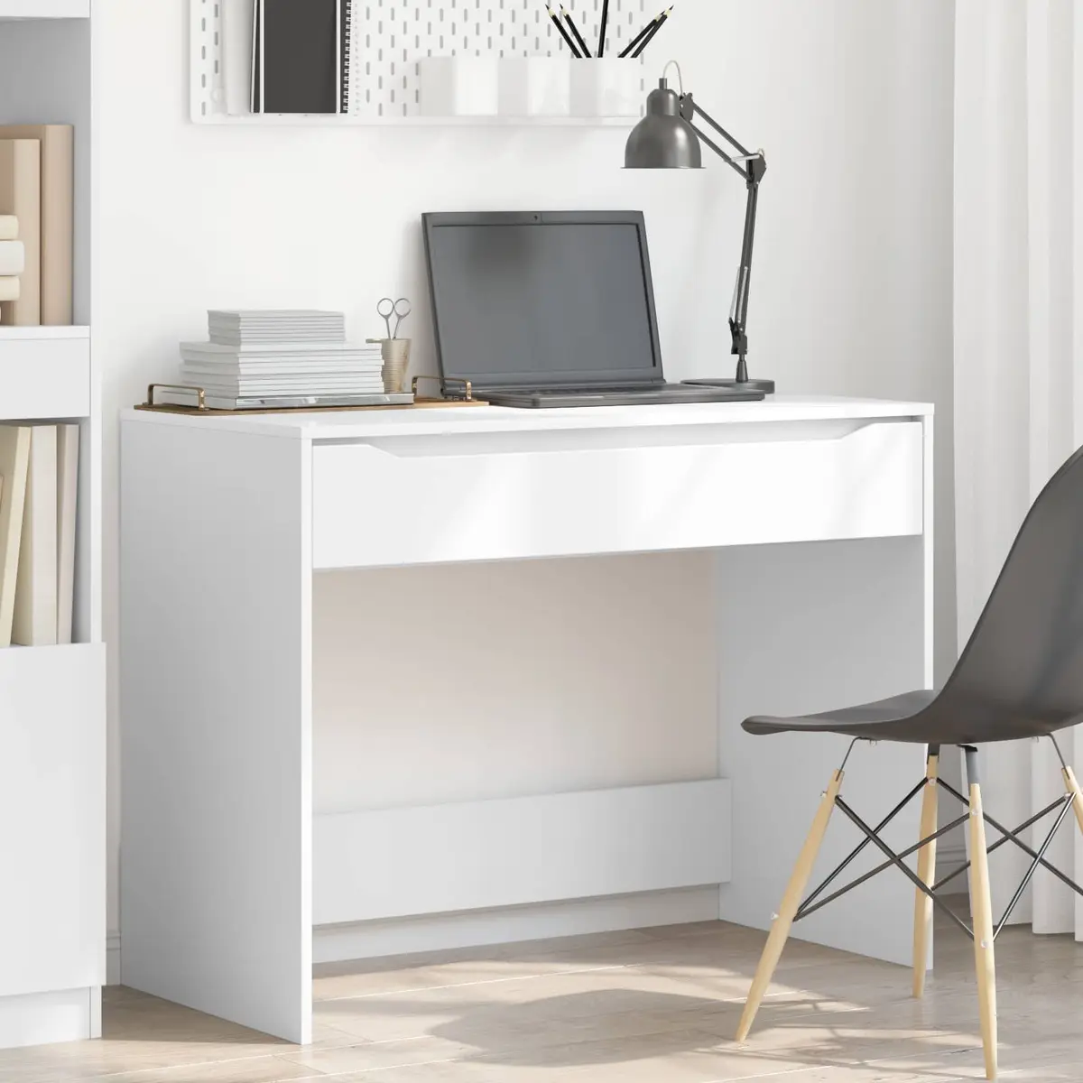 White Engineered Wood Desk with Drawer Rectangular Office Study Computer