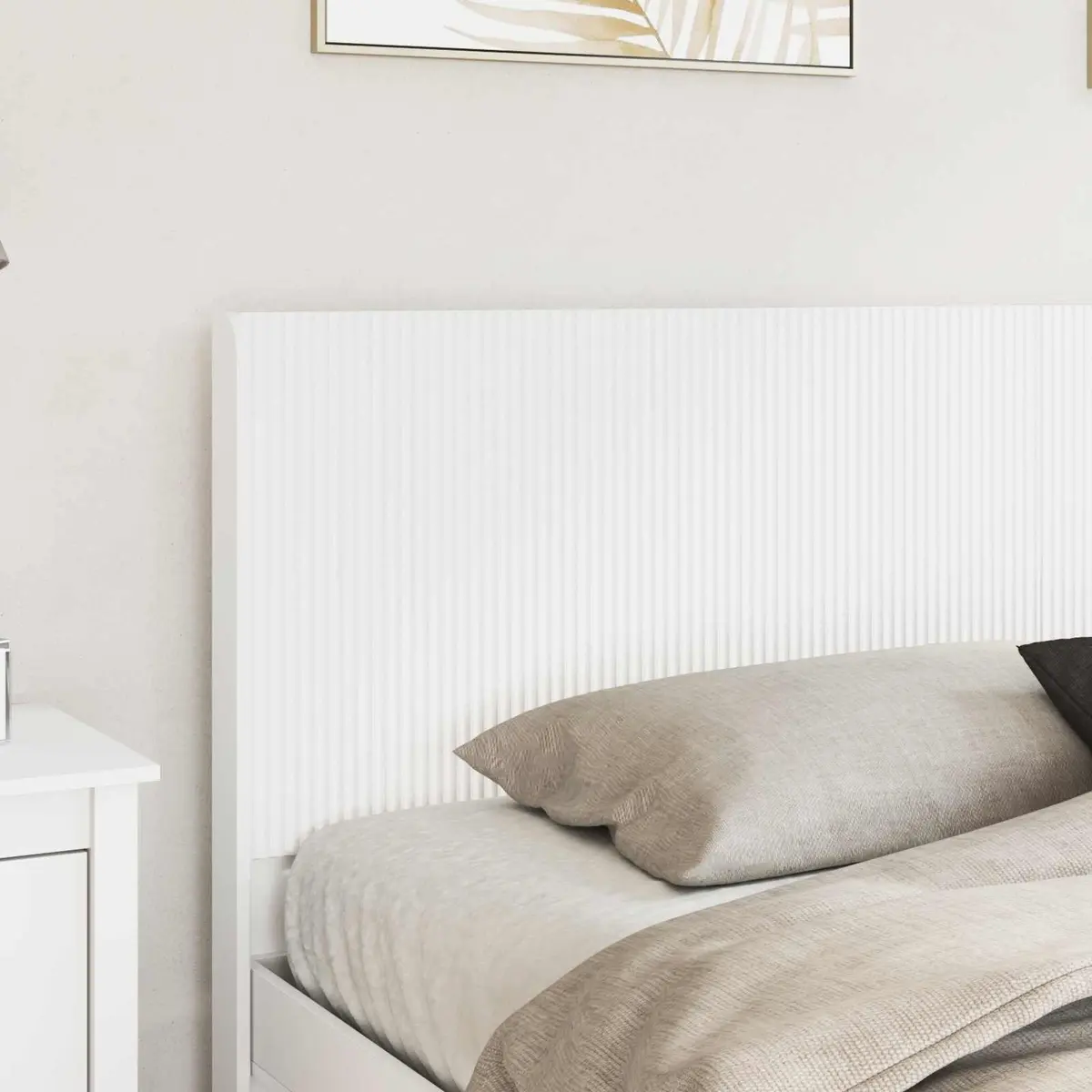 White Engineered Wood Headboard Vertical Slat Design Bed Frame Mount Bedroom