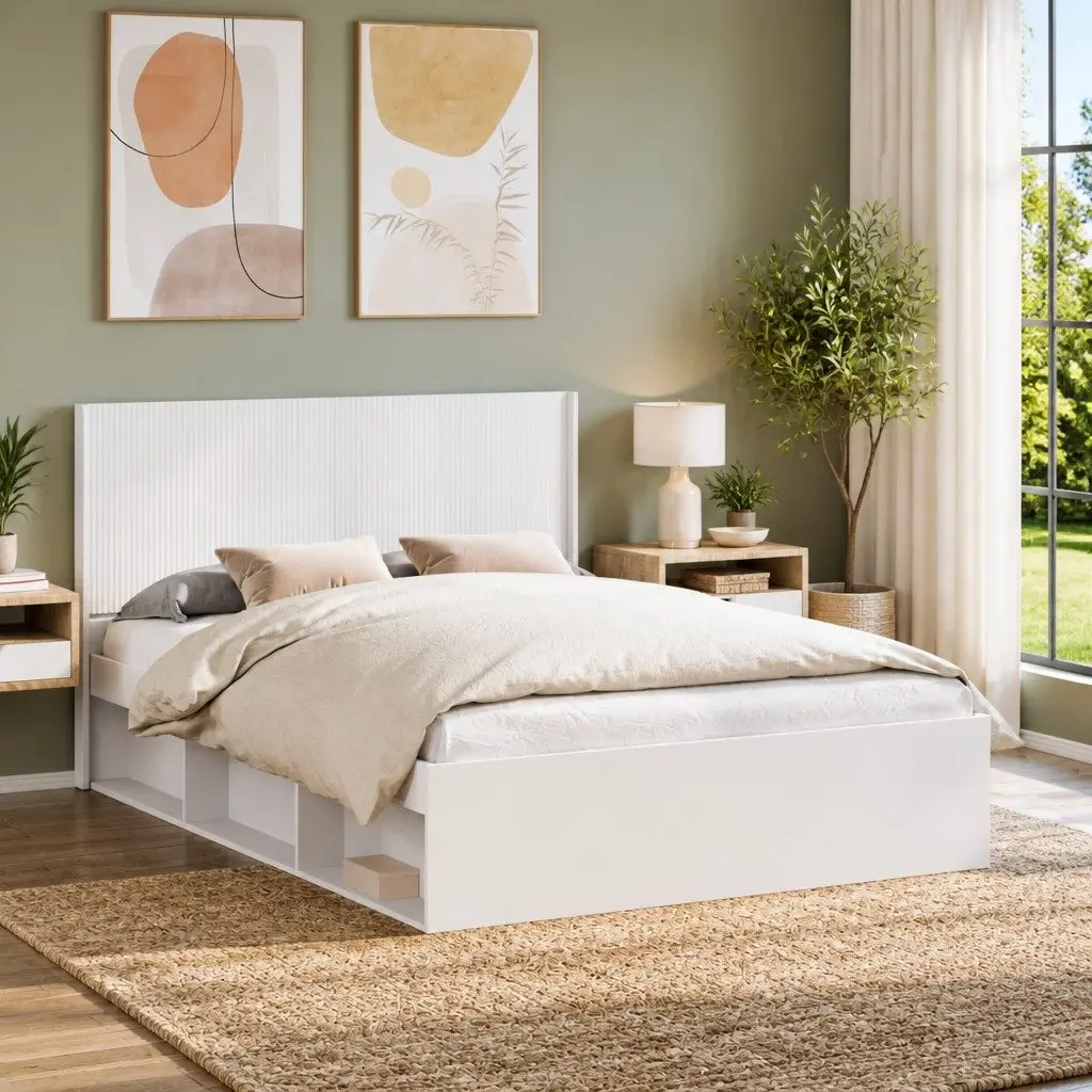 Headboard Bedroom Furniture Vertical Slat Design Engineered Wood Bed Frame Mount