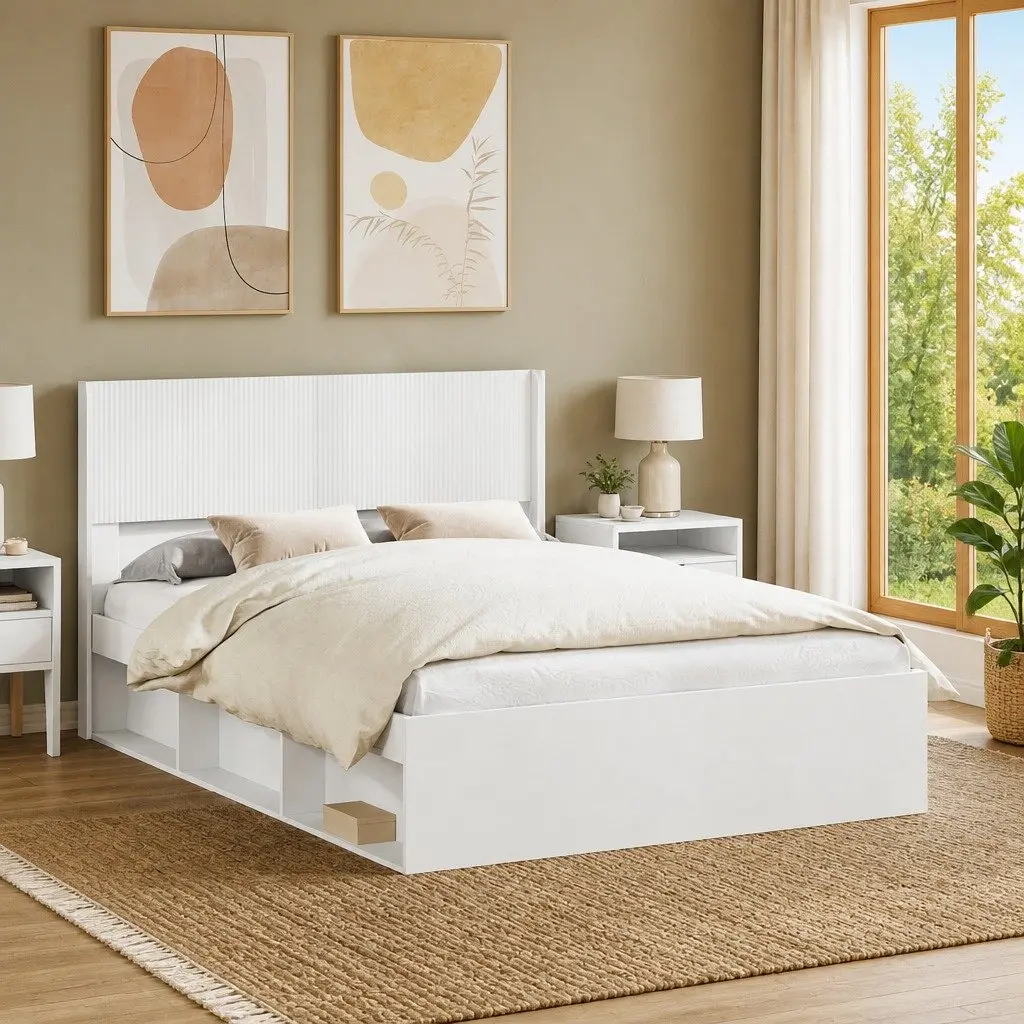 White Headboard Vertical Slat Design Engineered Wood Bed Frame Mount Bedroom